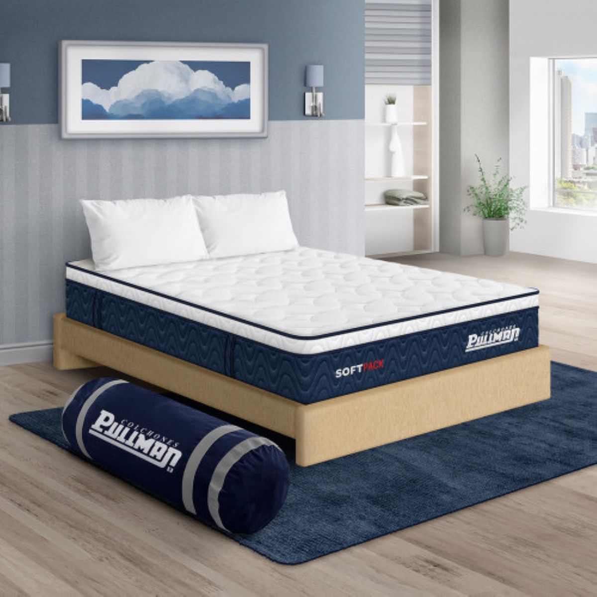 PULLMAN - Colchón con Base Cama Queen Firmeza Suave Ortopédico con Pillow Resortado Softpack 160 x 190 cm + Almohada Pullman 
