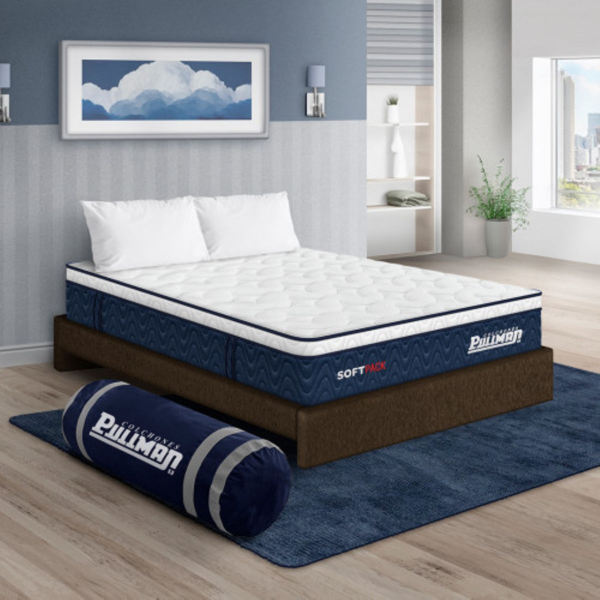PULLMAN - Colchón con Base Cama Doble Firmeza Suave Ortopédico con Pillow Resortado Softpack 140 x 190 cm + Almohada Pullman 