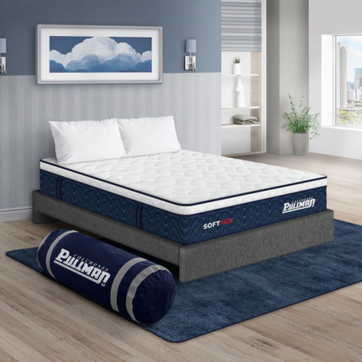 PULLMAN - Colchón con Base Cama Semidoble Firmeza Suave Ortopédico con Pillow Resortado Softpack 120 x 190 cm + Almohada Pullman 