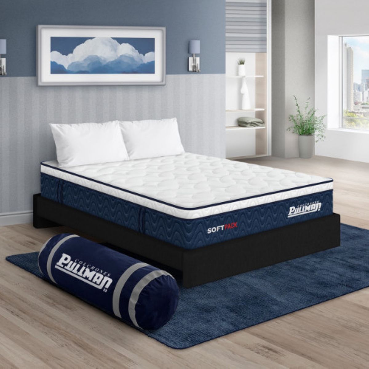 PULLMAN - Colchón con Base Cama Queen Firmeza Suave Ortopédico con Pillow Resortado Softpack 160 x 190 cm + Almohada Pullman 
