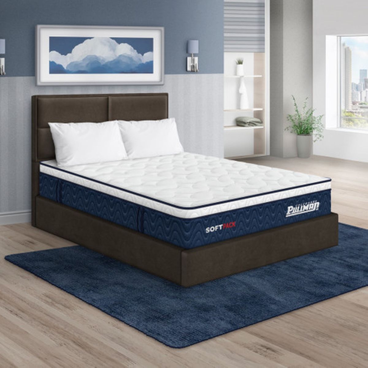 PULLMAN - Colchón con Base Cama Queen Firmeza Suave Ortopédico Resortado Softpack 160 x 190 cm + 2 Almohada + Cabecero Pullman 