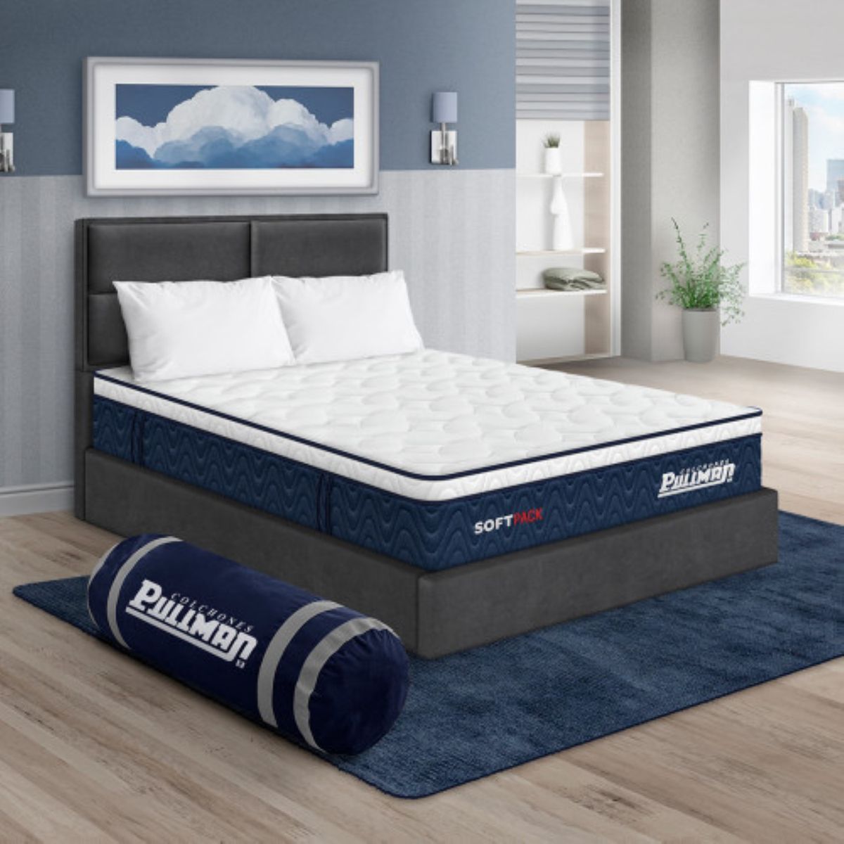PULLMAN - Colchón con Base Cama Doble Firmeza Suave Ortopédico Resortado Softpack 140 x 190 cm + 2 Almohada + Cabecero Pullman 