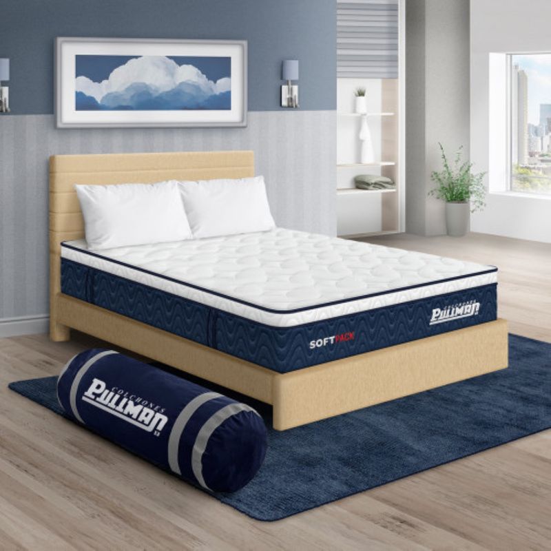 PULLMAN - Colchón Cama King Firmeza Suave Ortopédico Resortado Softpack 200 x 200 cm + 2 Almohada + Cabecero Pullman 