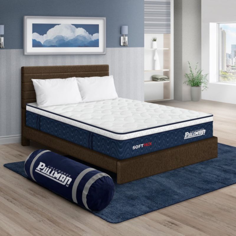 PULLMAN - Colchón Cama Queen Firmeza Suave Ortopédico Resortado Softpack 160 x 190 cm + 2 Almohada + Cabecero Pullman 