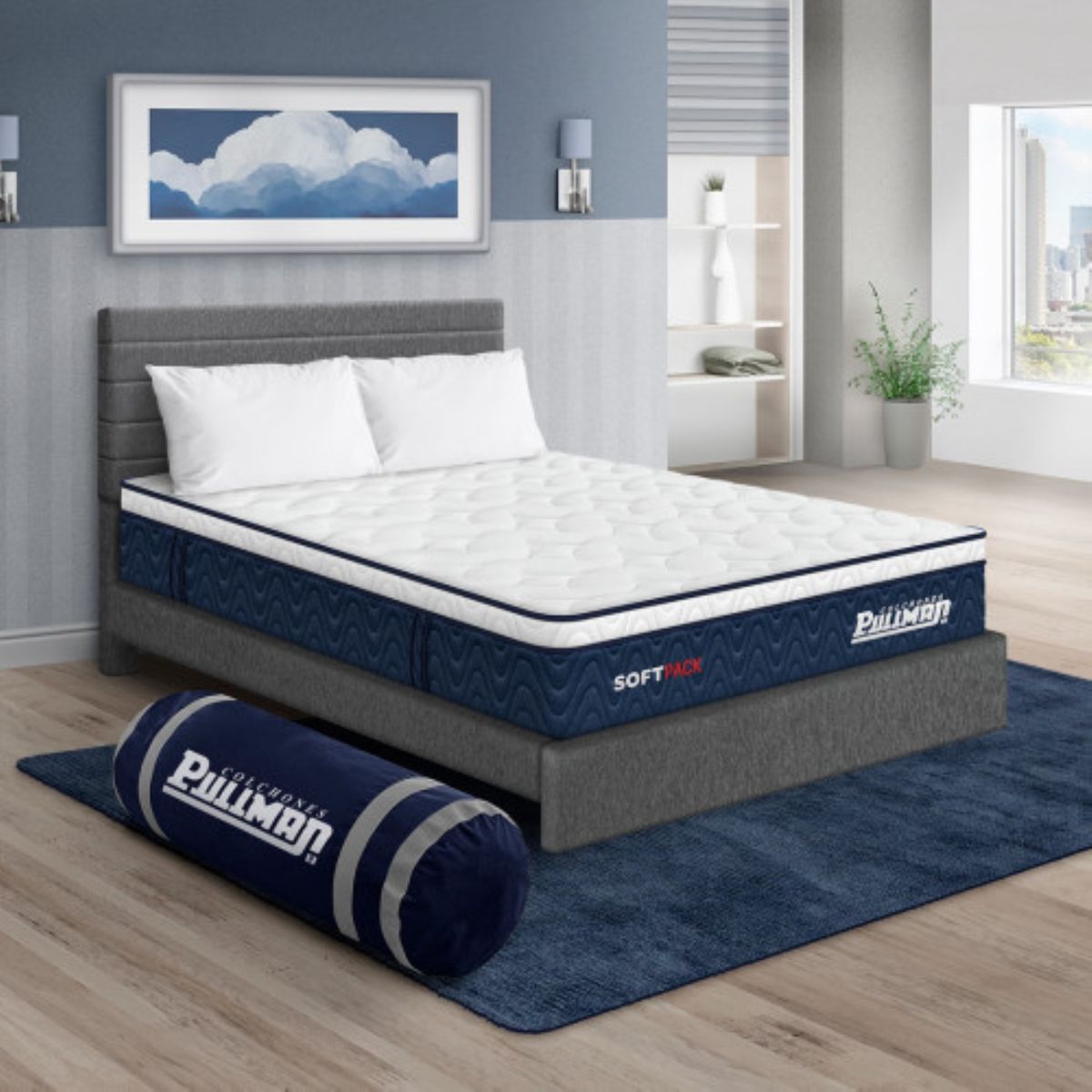 PULLMAN - Colchón Cama Queen Firmeza Suave Ortopédico Resortado Softpack 160 x 190 cm + 2 Almohada + Cabecero Pullman 