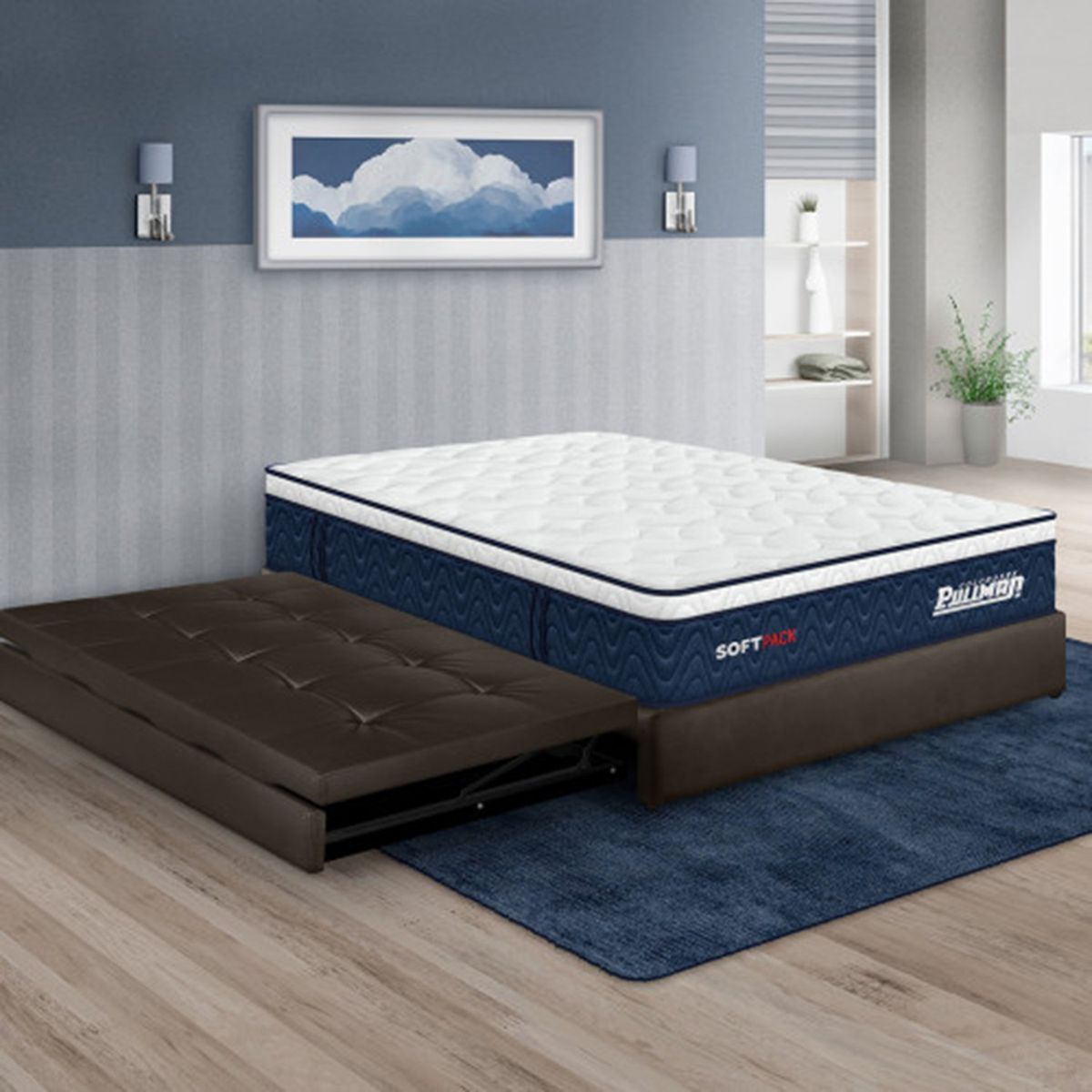 PULLMAN - Colchon Con Basecama Semidoble Suave Resortes Pocket Softpack 190 x 120 Pullman