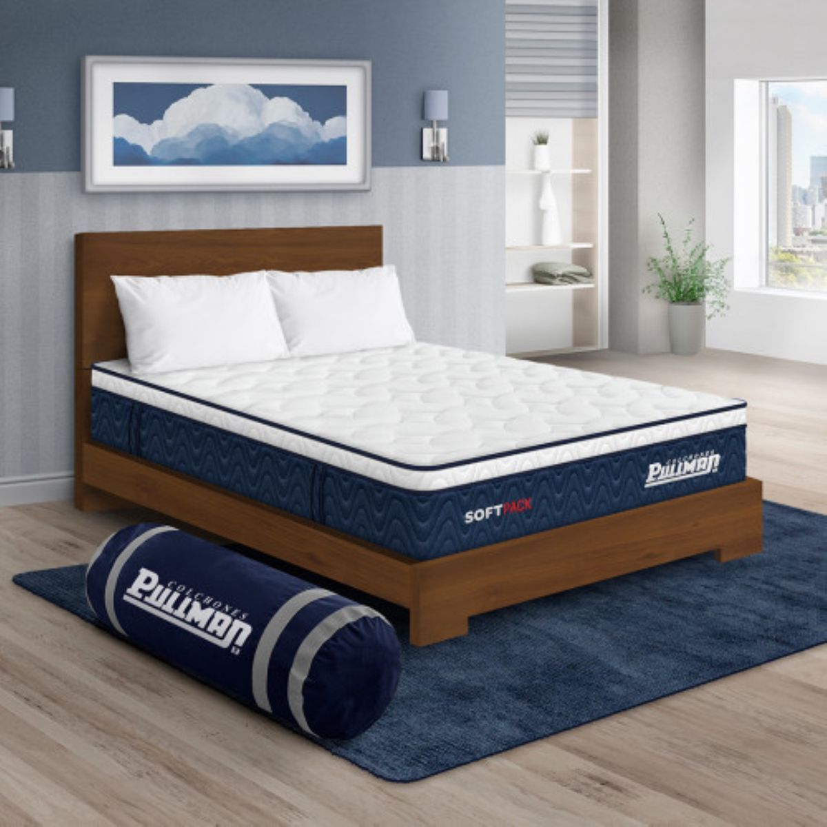 PULLMAN - Colchón con Cama Doble Firmeza Suave Ortopédico Resortado Softpack 140 x 190 cm + 2 Almohada + Cabecero Pullman 