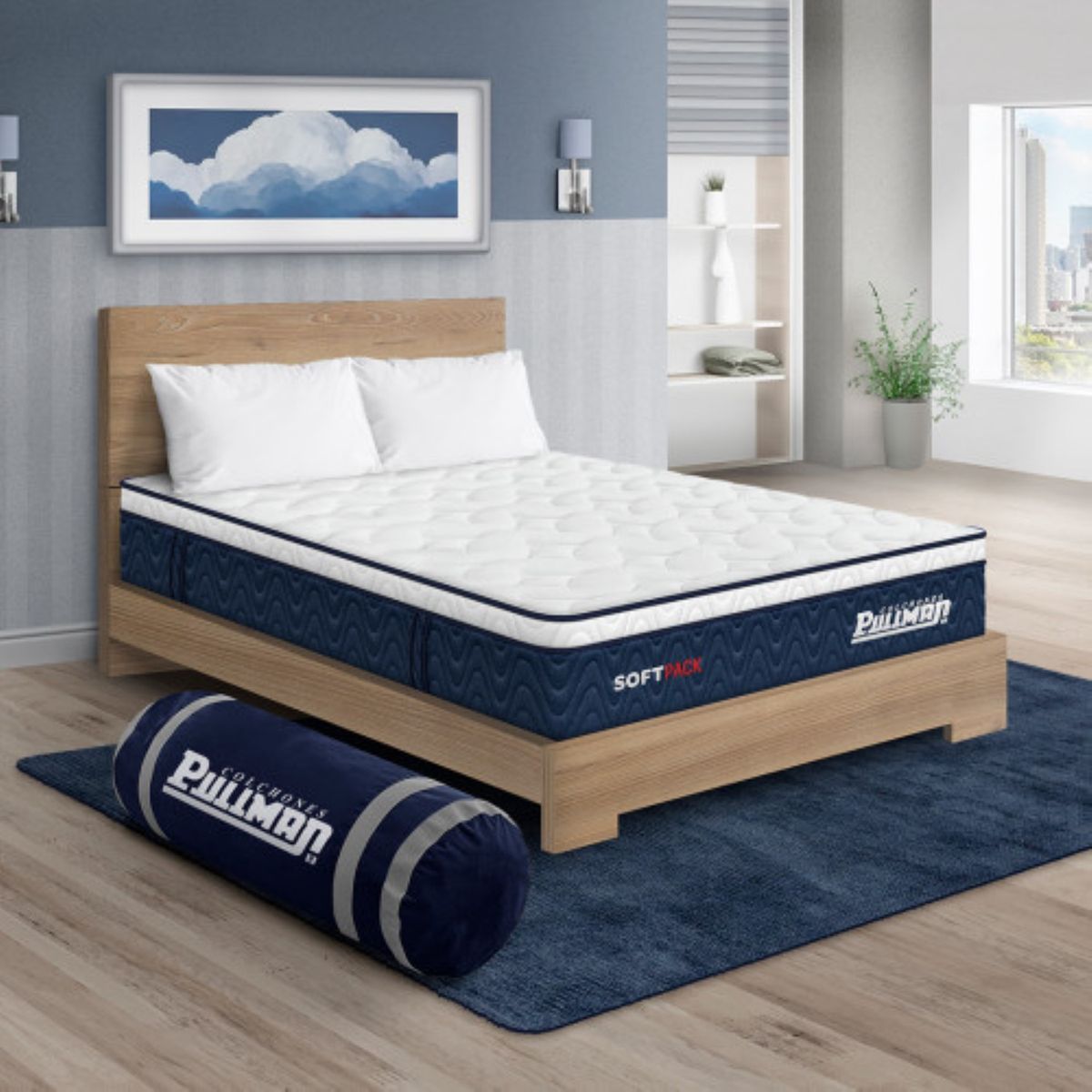 PULLMAN - Colchón con Cama Doble Firmeza Suave Ortopédico Resortado Softpack 140 x 190 cm + 2 Almohada + Cabecero Pullman 