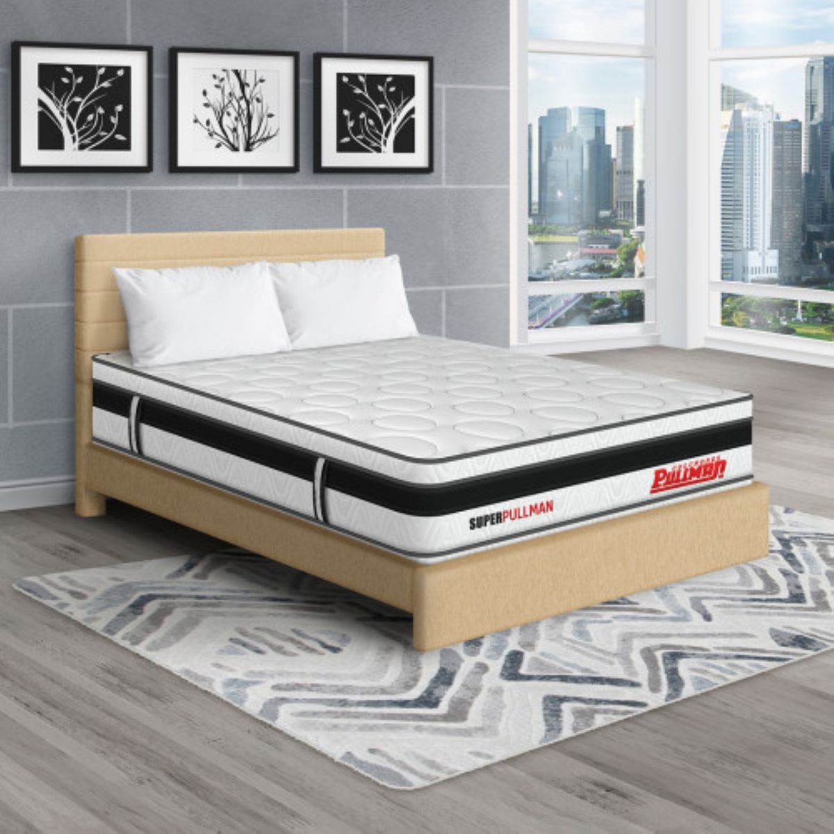 PULLMAN - Colchón Cama King Firmeza Suave Ortopédico Resortado Softpack 200 x 200 cm + 2 Almohada + Cabecero Pullman 