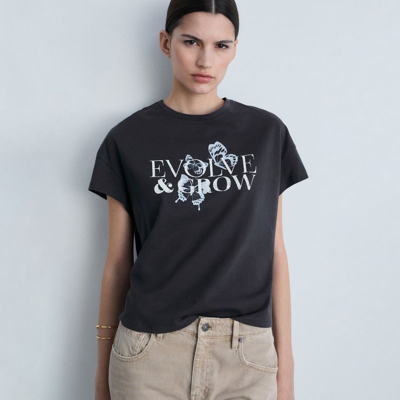MANGO - Camiseta Mujer con Estampado Manga corta de Algodón MANGO