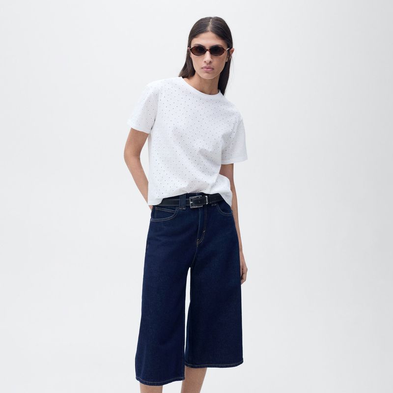 MANGO - Camiseta Mujer con Ojalillo Manga corta de Algodón MANGO