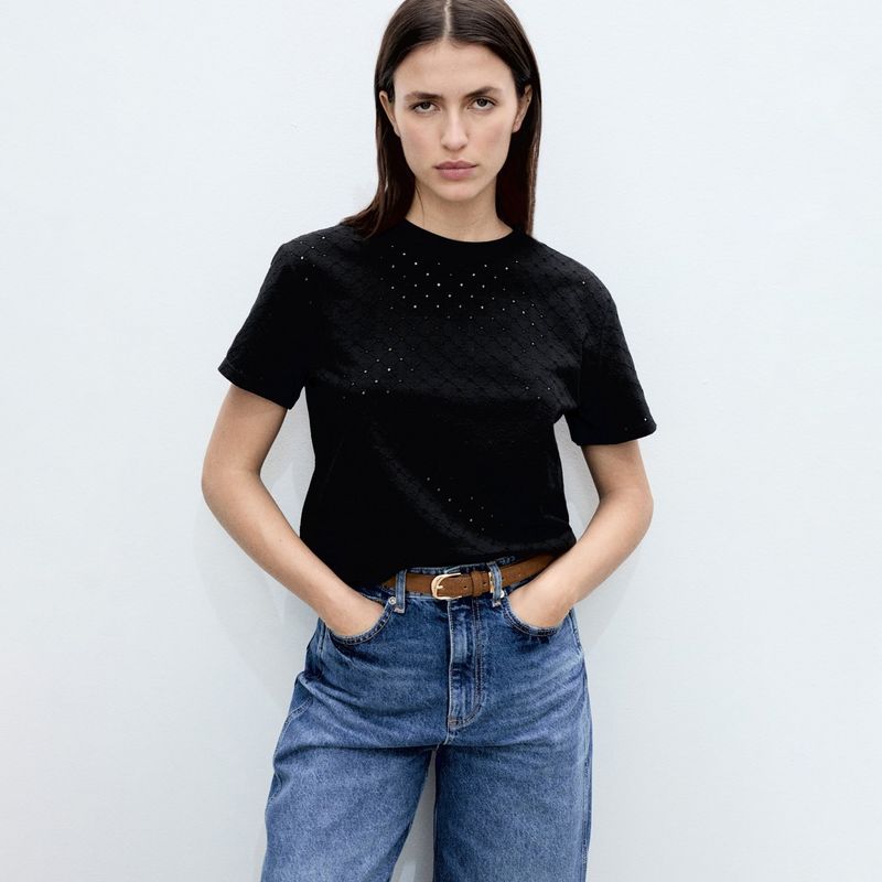 MANGO - Camiseta Mujer con Ojalillo Manga corta de Algodón MANGO