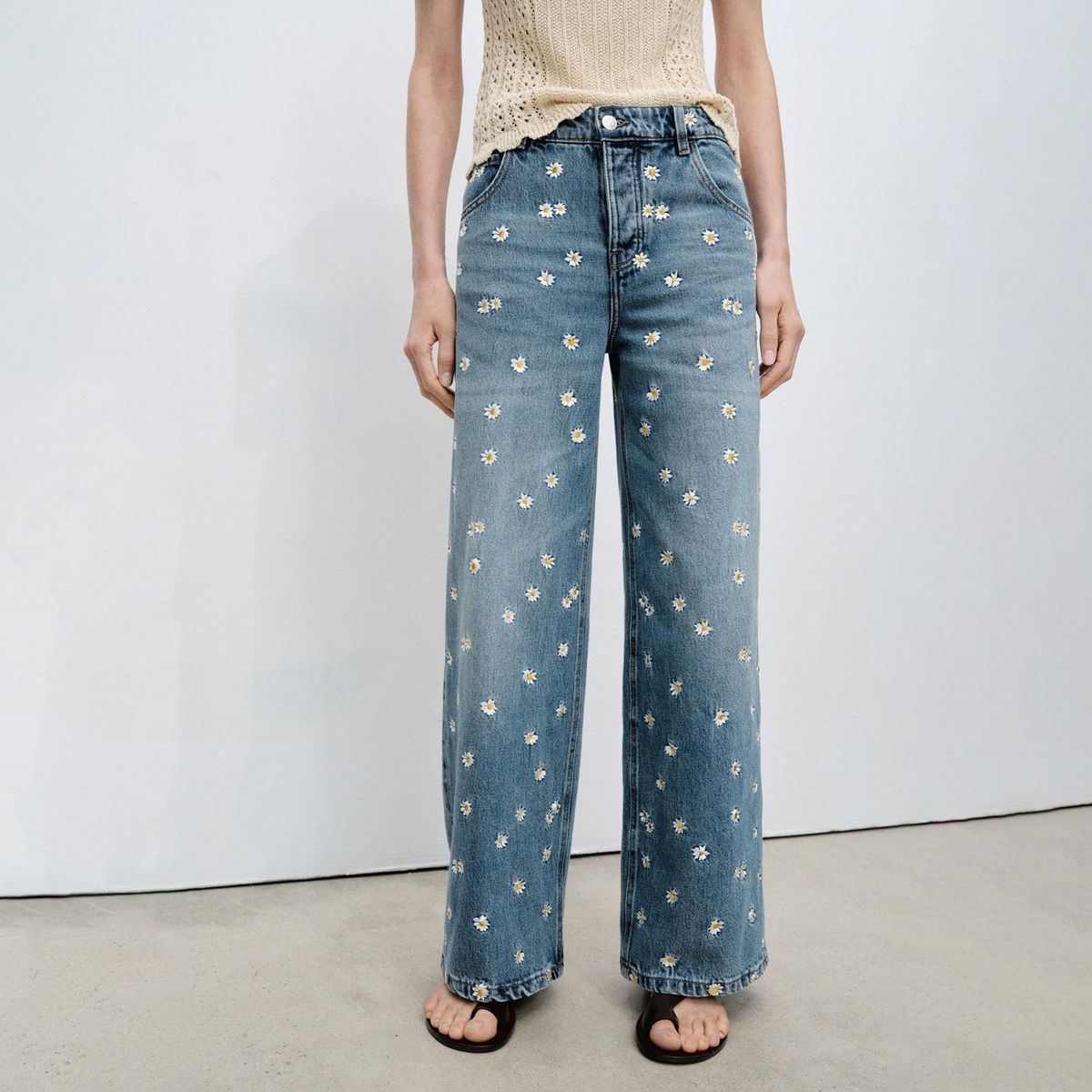 MANGO - Jean Wide leg con Bordado de Algodón Mango