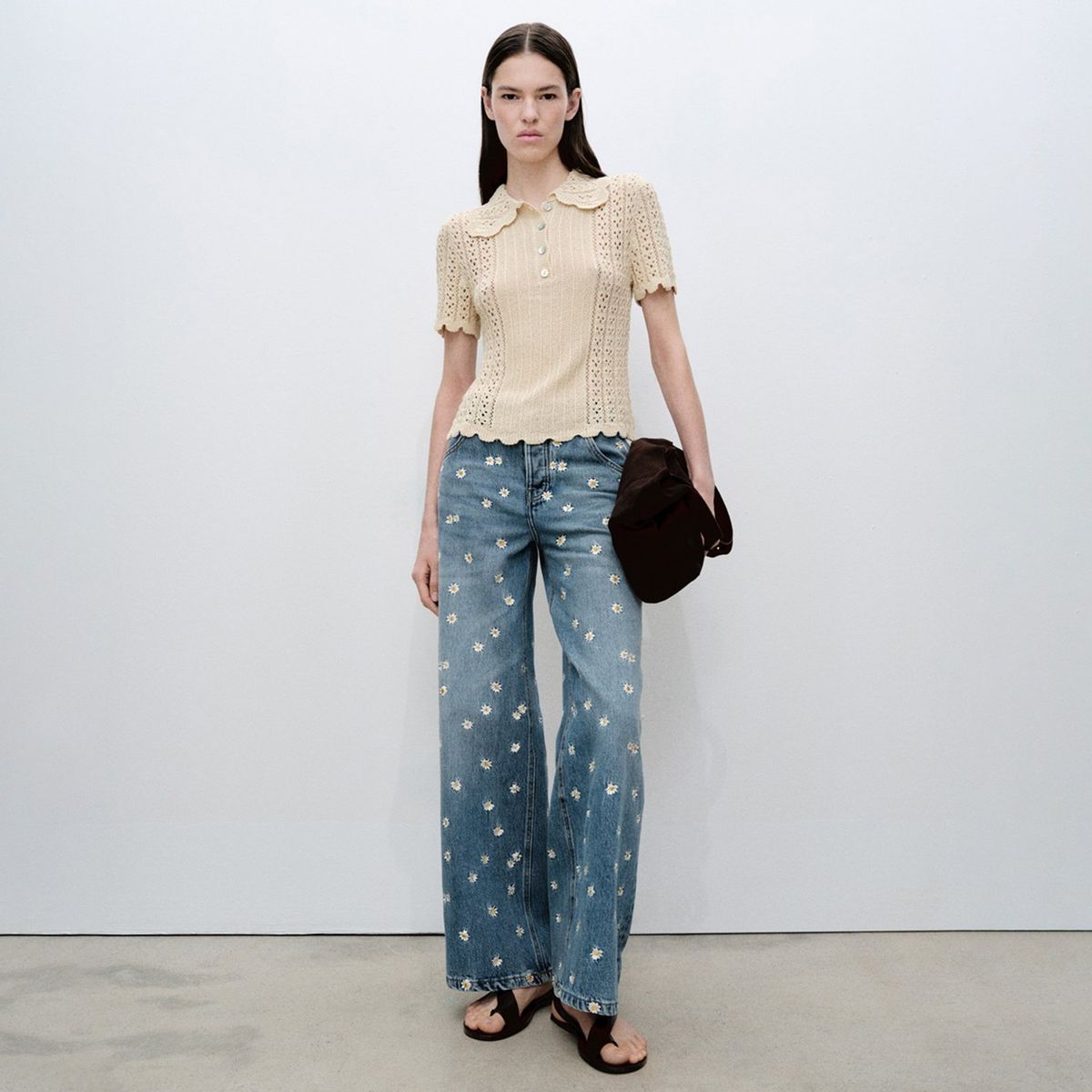 MANGO - Jean Wide leg con Bordado de Algodón Mango