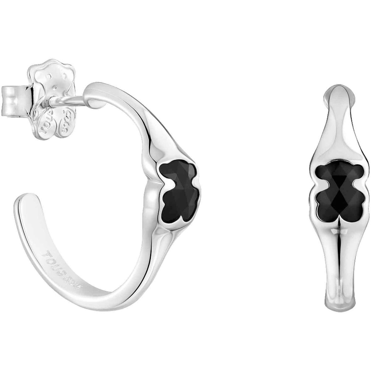 TOUS - Aretes de aro de plata y motivo oso en ónix 16,5 mm Icon Color