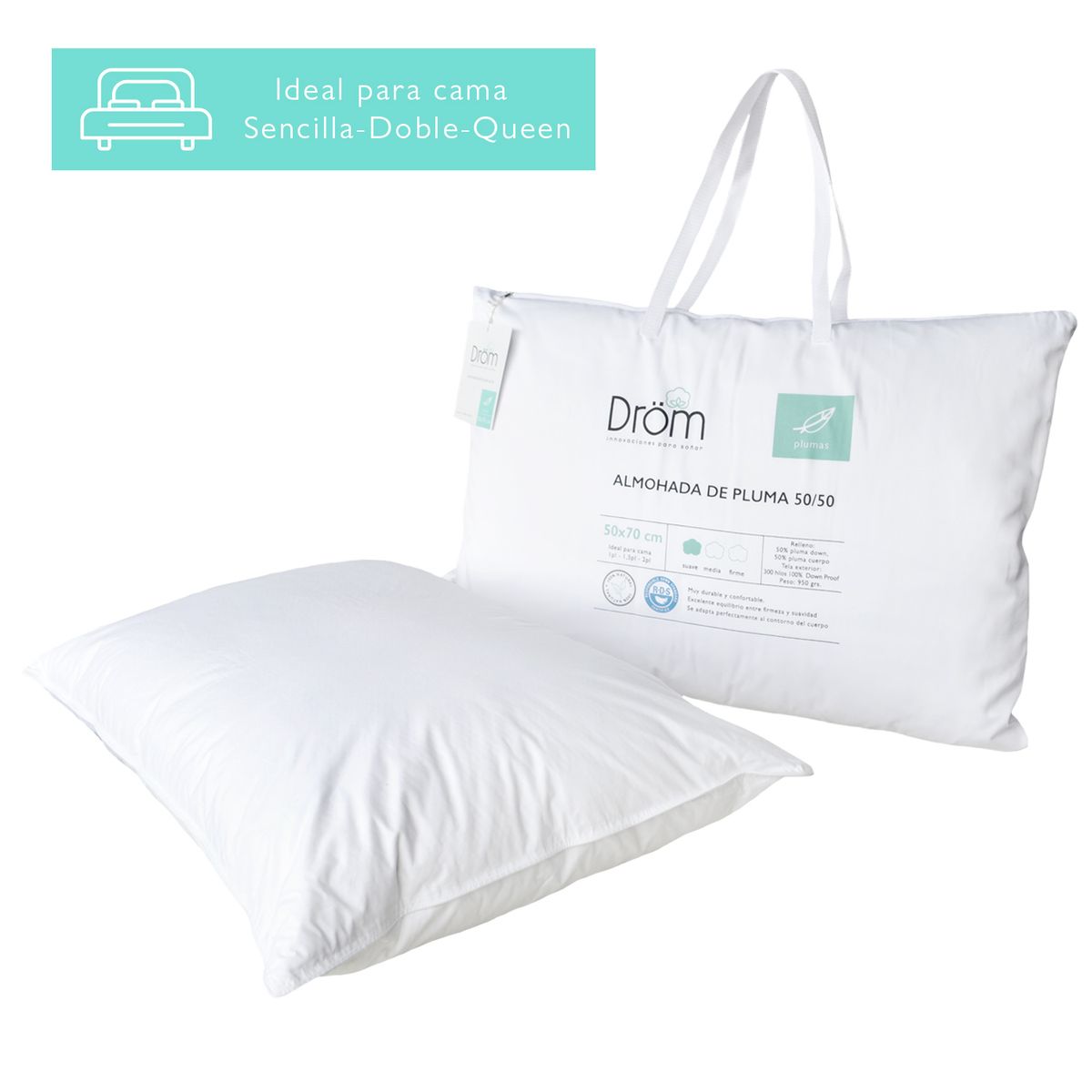 DROM - Almohada Suave pluma baja down 50 feather 50 X 70 X 15 Drom