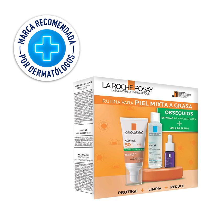 LA ROCHE POSAY - Fotoprotectores Kit Protección Solar Anthelios Oc Gel Uvmune Con Color + Mini Mela B3 Serum +Ech Agua Micelar La Roche Posay Incluye: 3 Productos