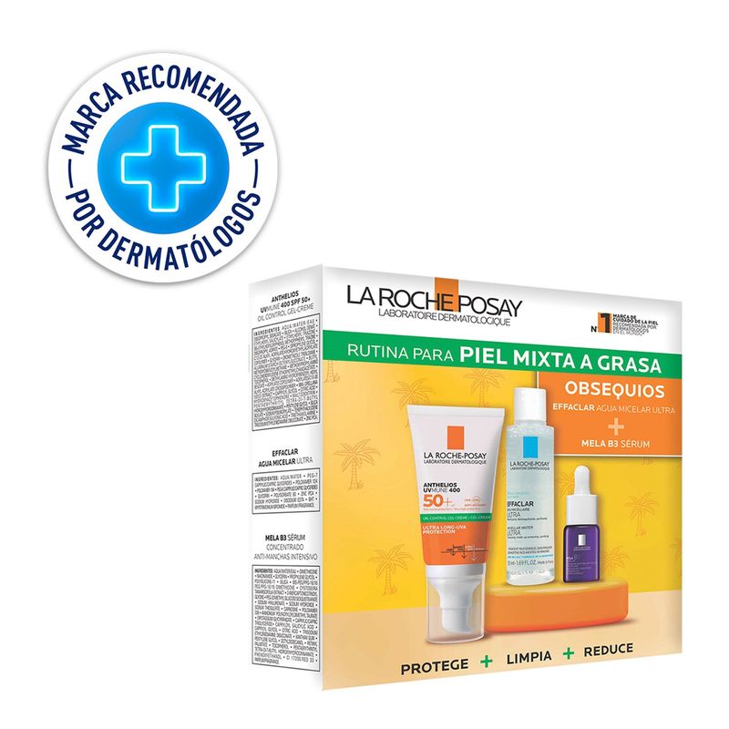 LA ROCHE POSAY - Fotoprotectores Kit Protección Solar Anthelios Oc Gel Uvmune Sin Color + Mini Mela B3 Serum +Ech Agua Micelar La Roche Posay Incluye: 3 Productos