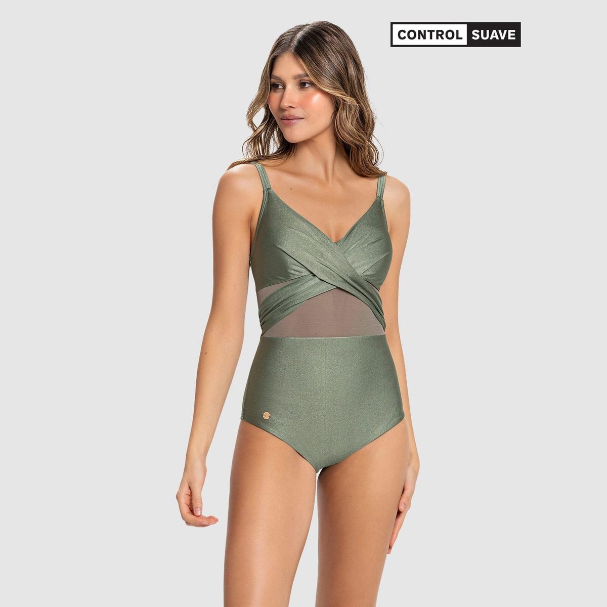 LEONISA - Vestido de baño enterizo con escote cruzado y tela con brillo