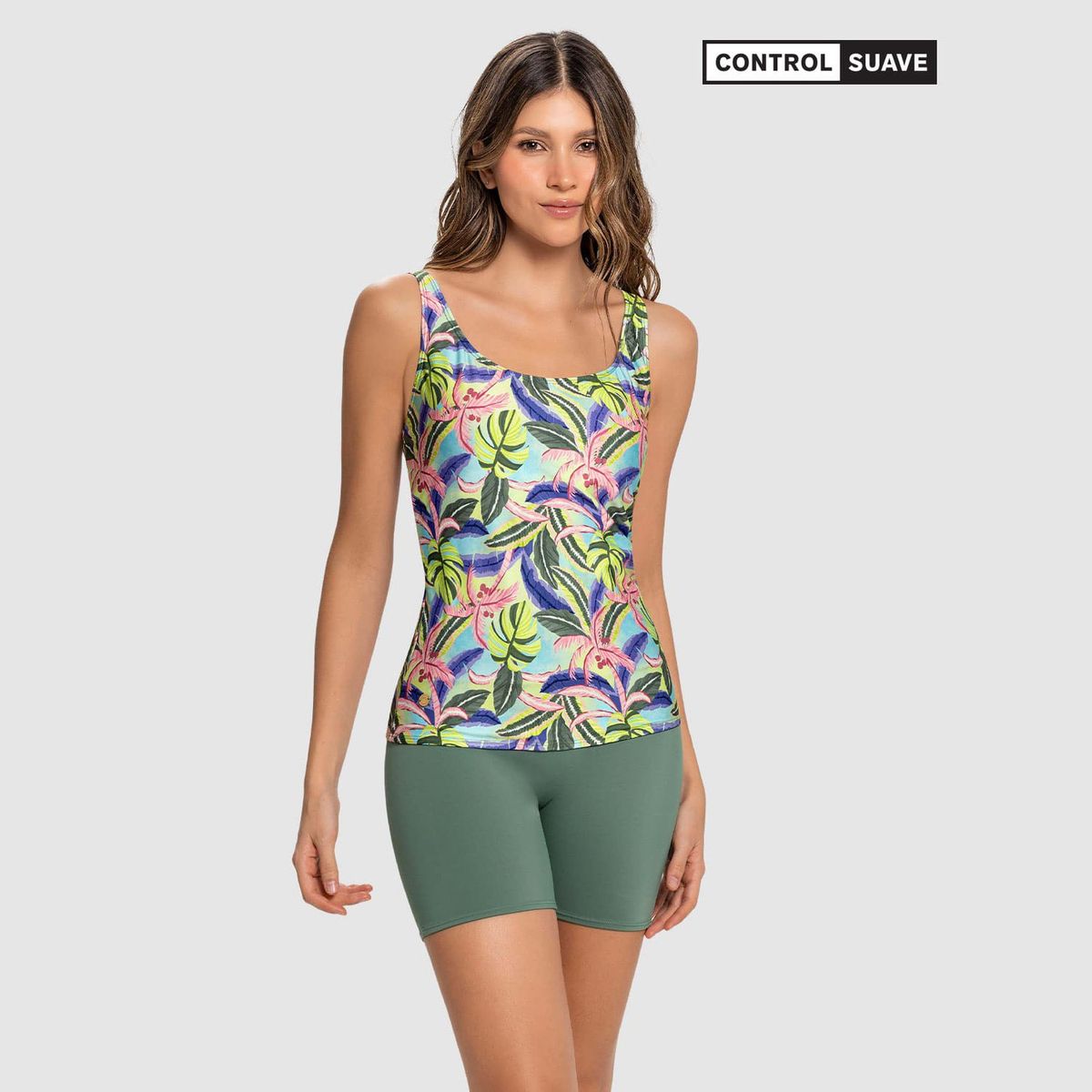 LEONISA - Vestido de baño Tankini de dos piezas Camiseta y Short de control de abdomen