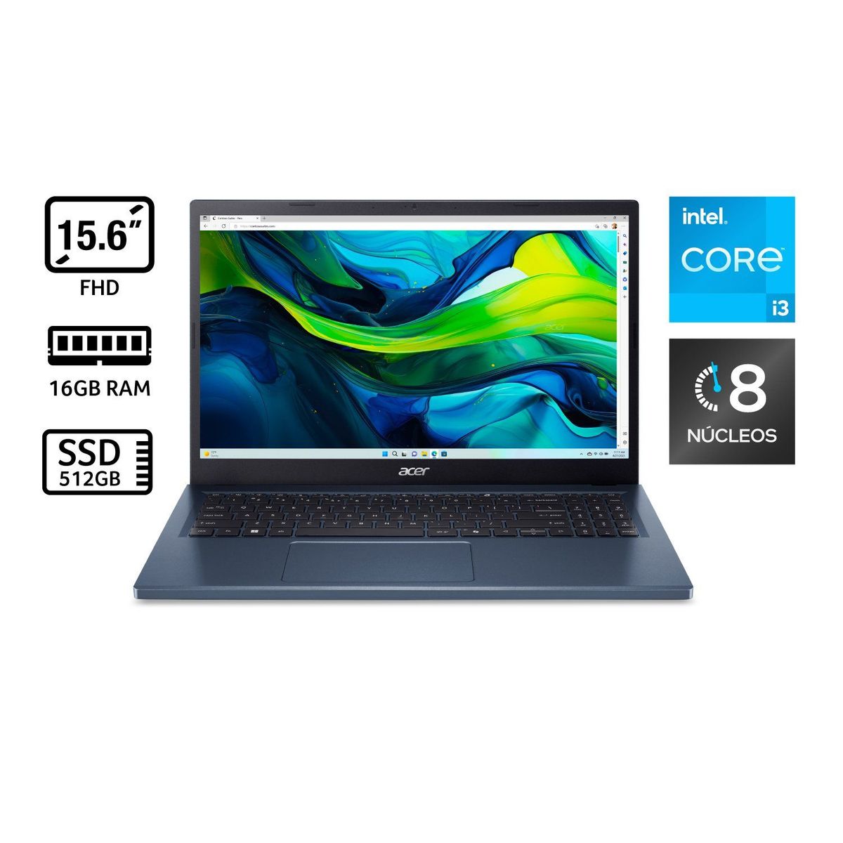 ACER - Portátil Aspire Go Acer | Intel Core i3 | 16GB de RAM | 512GB SSD de Almacenamiento | Windows 11 | Pantalla 15,6 pulgadas | AG15-31P-35NH | Computador portátil