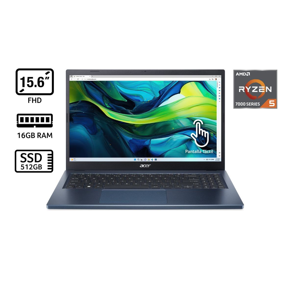 ACER - Portátil Aspire 3 táctil | AMD Ryzen 5 | 16GB de RAM | 512GB SSD de Almacenamiento | Windows 11 | Pantalla 15,6 pulgadas | A315-24PT-R3JR | Computador portátil táctil