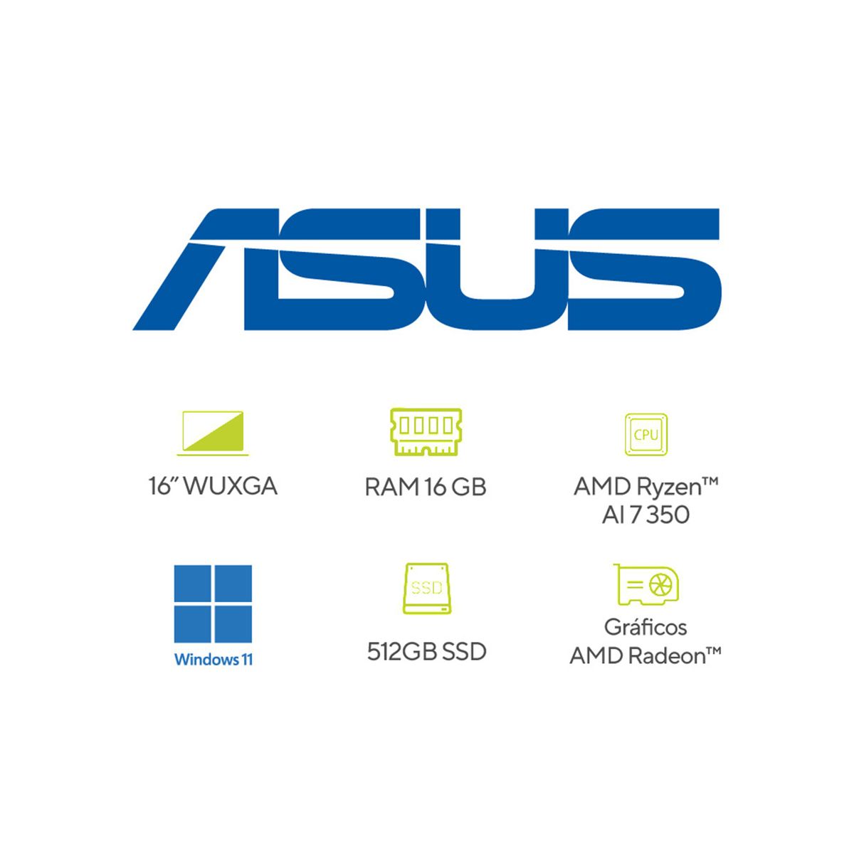 ASUS - Portátil ASUS Vivobook 16 | AMD Ryzen AI 7 | 16 GB de RAM | 512GB SSD de almacenamiento | Windows 11 |16 Pulgadas | M1607KA-MB068W |  Computador portátil