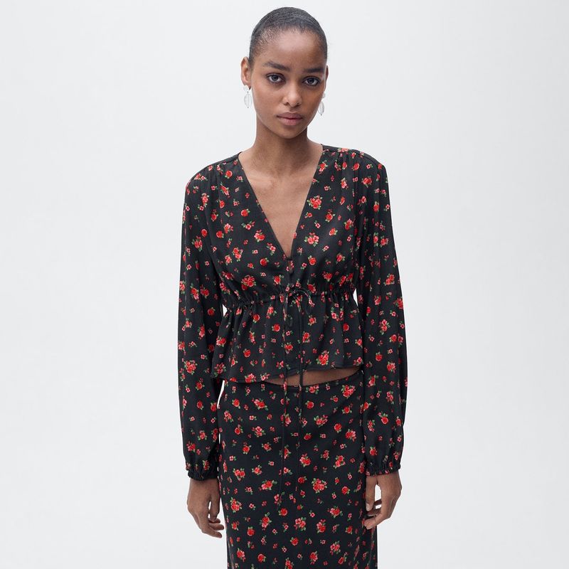 MANGO - Blusa Mujer con Estampado Manga larga globo MANGO