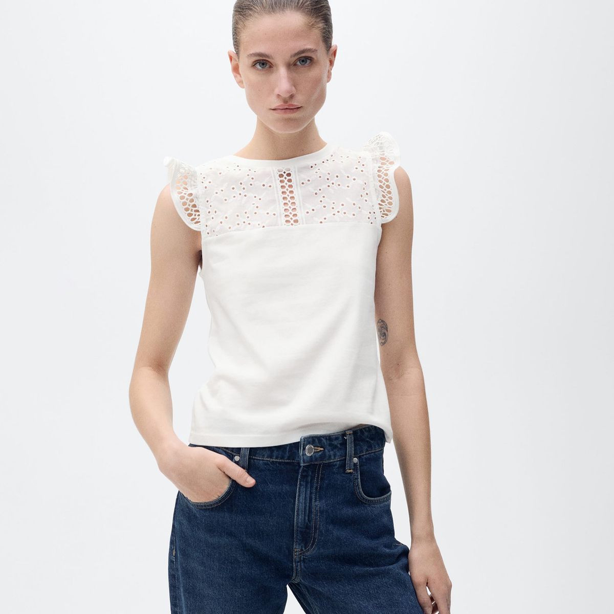 MANGO - Top Mujer con Ojalillo Sin mangas de Algodón Mango