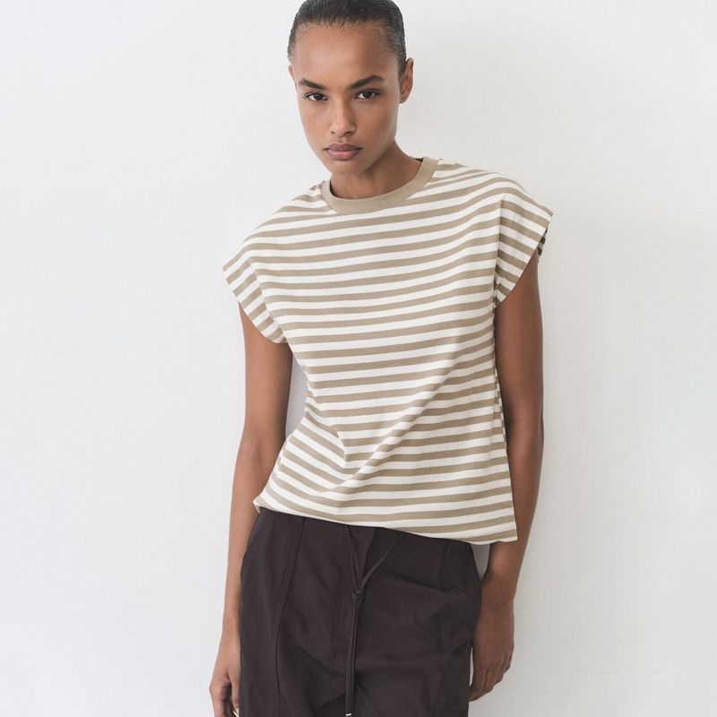 MANGO - Camiseta Mujer de Rayas Manga corta de Algodón Mango