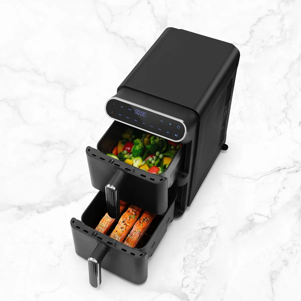 HOLSTEIN - Freidora de Aire Holstein Vertical 11 Litros | Doble Canasta | Pantalla Digital