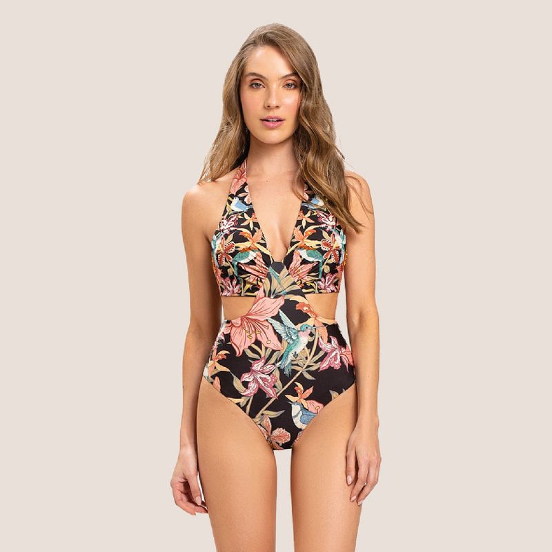 ONDA DE MAR - Vestido de baño Enterizo Baixa escote V con bordado Onda de Mar