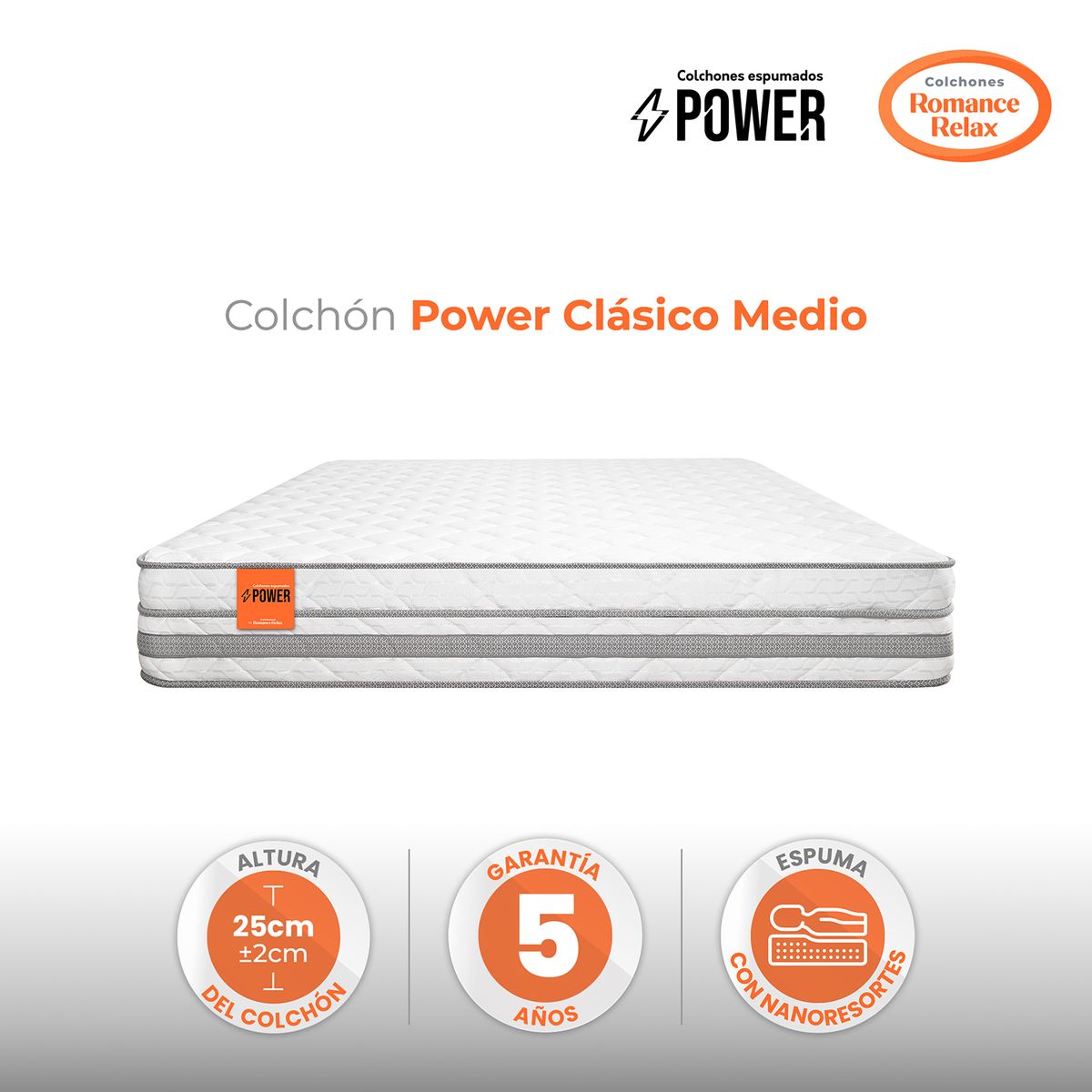 COLCHONES ROMANCE RELAX - Colchón Doble Firmeza Media Ortopedico en Espuma Clasico Medio 140 x 190 Colchones Power 