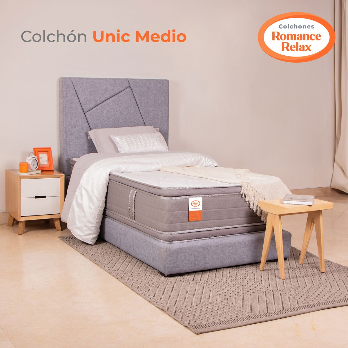 COLCHONES ROMANCE RELAX - Colchón Sencillo Firmeza Media Ortopedico Resortado, con Doble Pillow Unic Medio 100 x 190 Colchones Power