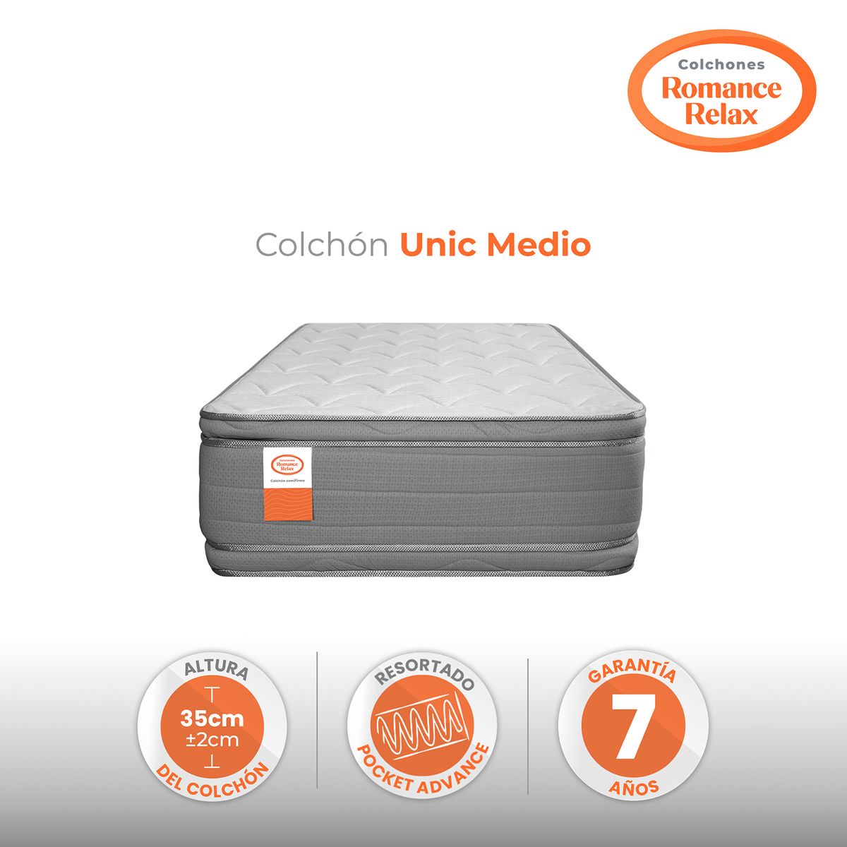 COLCHONES ROMANCE RELAX - Colchón Sencillo Firmeza Media Ortopedico Resortado, con Doble Pillow Unic Medio 100 x 190 Colchones Power