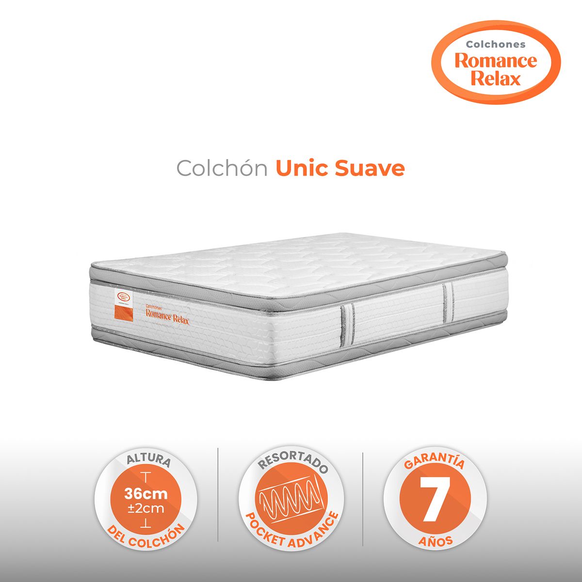 COLCHONES ROMANCE RELAX - Colchón Sencillo Firmeza Suave Ortopedico Resortado Pocket con Doble Pillow Unic Suave 100 x 190 Colchones Power