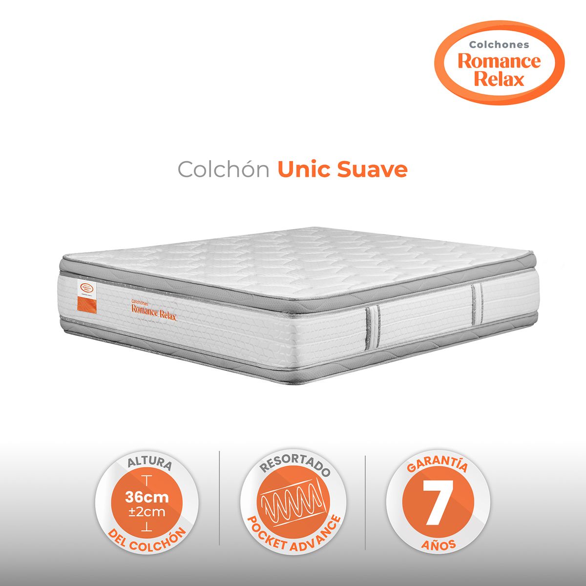 COLCHONES ROMANCE RELAX - Colchón King Firmeza Suave Ortopedico Resortado Pocket, con Doble Pillow Unic Suave 200 x 200 Colchones Power