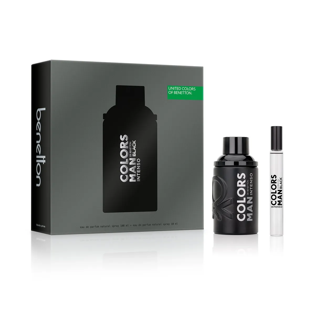 BENETTON - Set de Perfume Hombre Benetton Perfume Colors Benetton Man Black Intenso Eau de parfum 100 ml , Perfume Colors Benetton Man Black Intenso Eau de parfum 10ml 