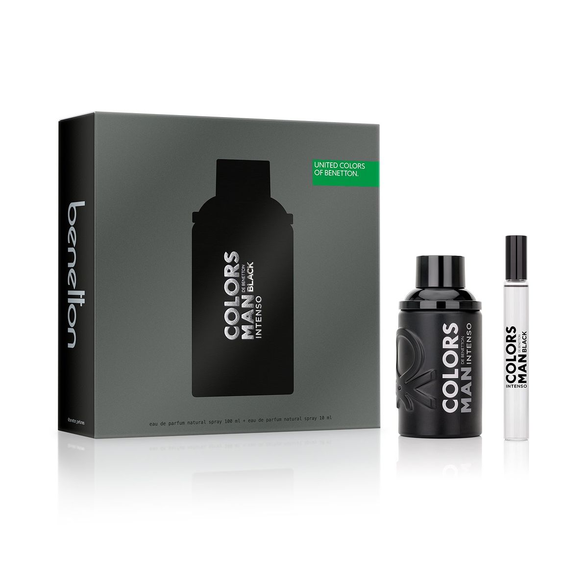 BENETTON - Set de Perfume Hombre Benetton Perfume Colors Benetton Man Black Intenso Eau de parfum 100 ml , Perfume Colors Benetton Man Black Intenso Eau de parfum 10ml 