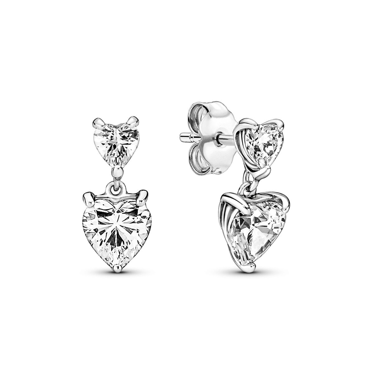 PANDORA - Aretes de Botón Doble Corazón Brillante Plata Esterlina