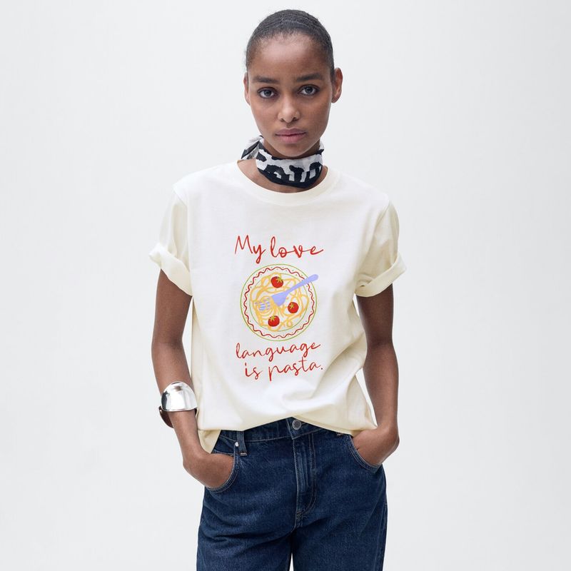 MANGO - Camiseta Mujer con Estampado Manga corta de Algodón MANGO