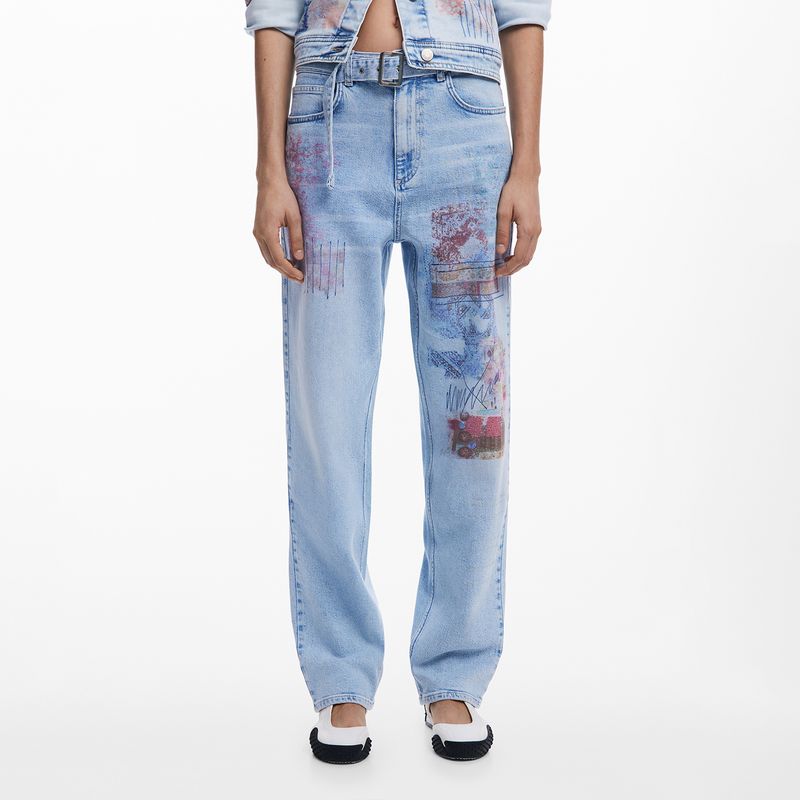 DESIGUAL - Jean Recto Mujer Tiro medio con Estampado Desigual