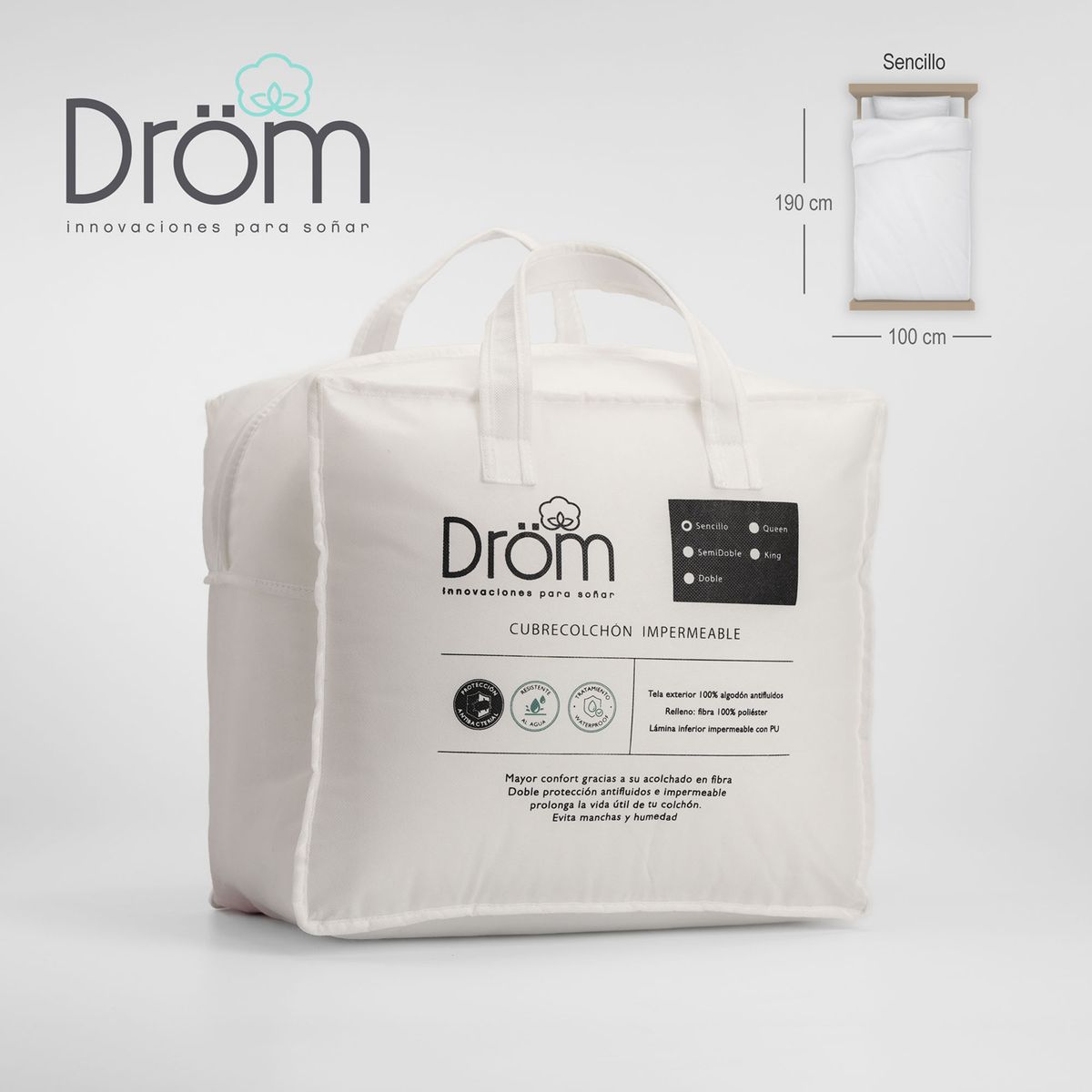 DROM - Protector de colchón Sencillo Impermeable Bambu 100X190X35 CM DROM