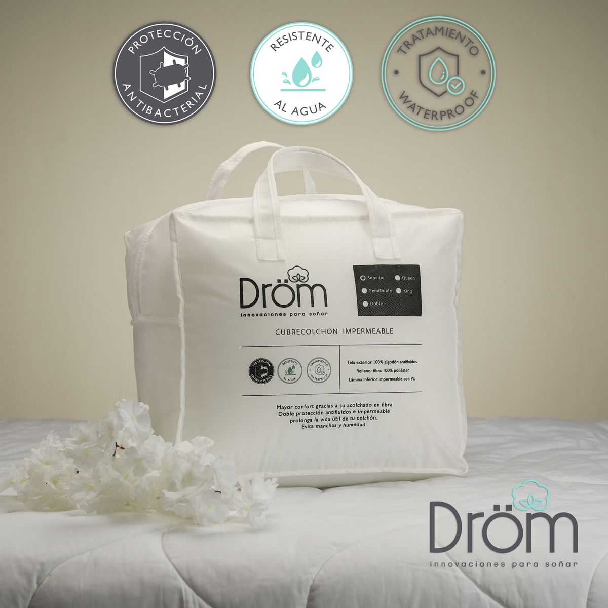 DROM - Protector de colchón Sencillo Impermeable Bambu 100X190X35 CM DROM