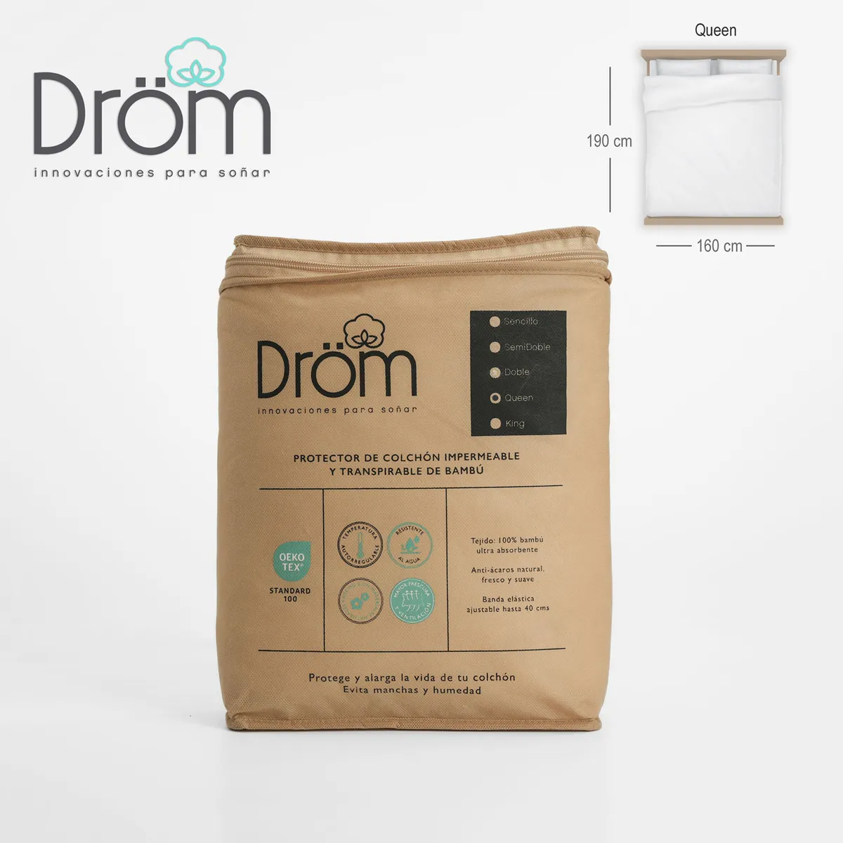 DROM - protector de colchón Queen Impermeable Bambu  160X190X40 CM DROM