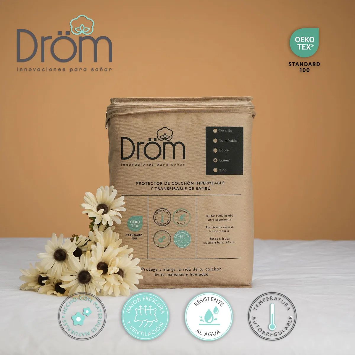 DROM - protector de colchón Queen Impermeable Bambu  160X190X40 CM DROM