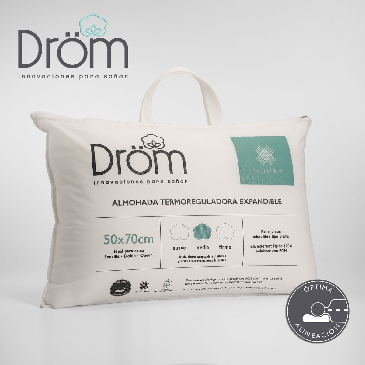 DROM - Almohada Fibra sintética Medium Termorreguladora 3 en 1  50 CM x 70 CM x 18 CM DROM