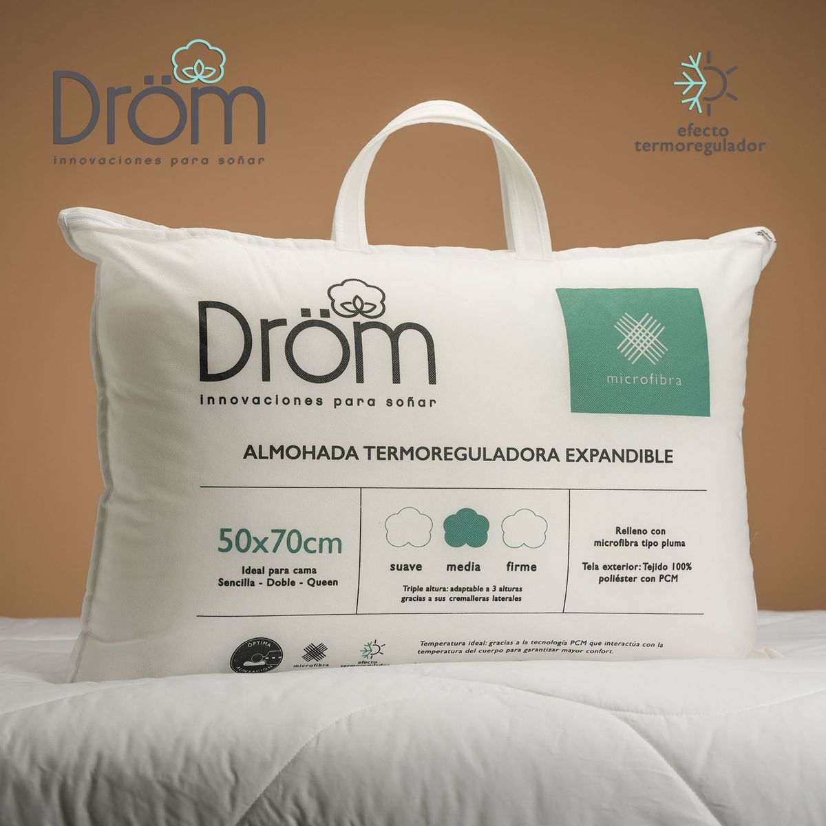 DROM - Almohada Fibra sintética Medium Termorreguladora 3 en 1  50 CM x 70 CM x 18 CM DROM