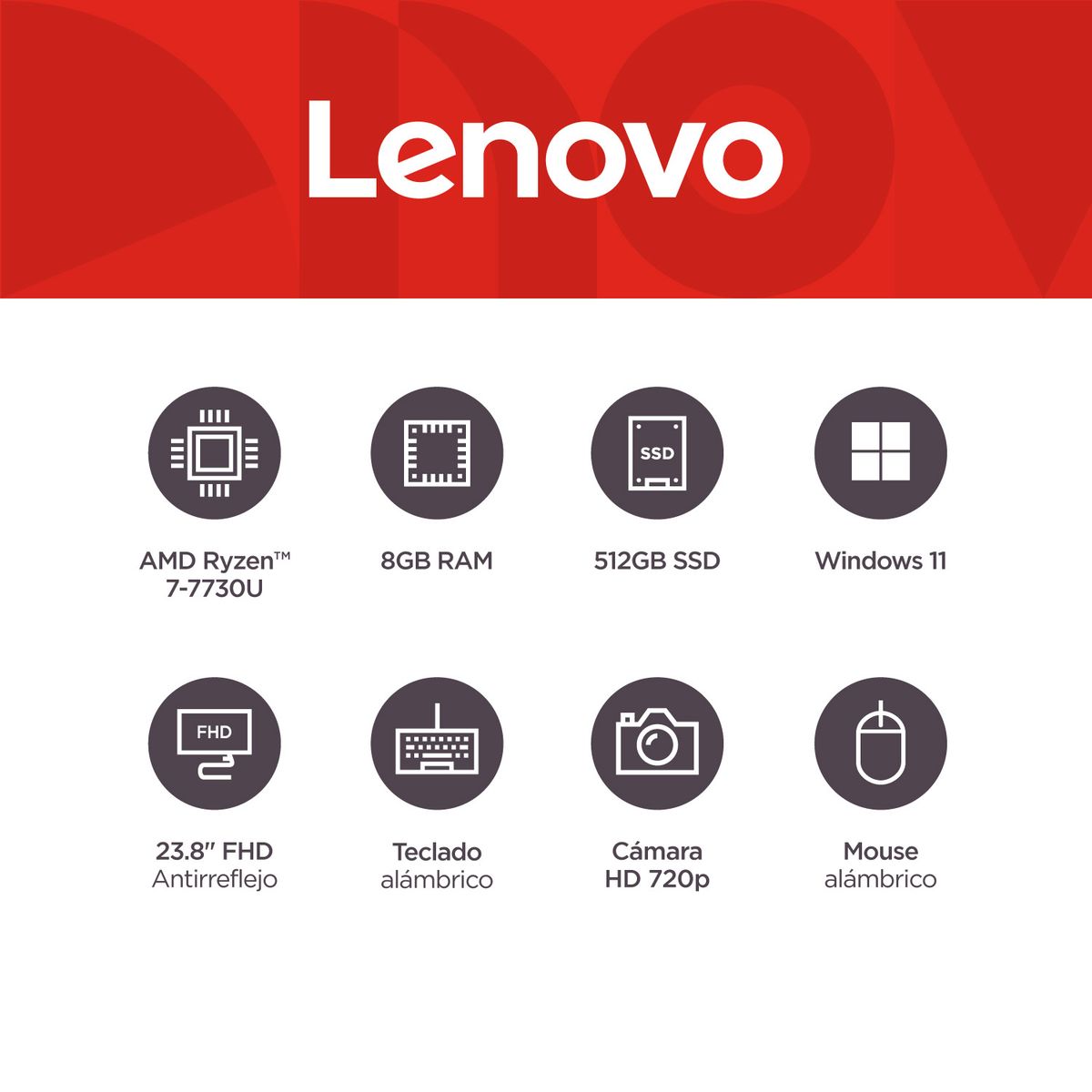 LENOVO - Computador Lenovo Ideacentre AIO 3 | AMD Ryzen 7 | 8GB de RAM | 512GB SSD de Almacenamiento | Windows 11 | Pantalla 23.8 pulgadas | Incluye Mouse y Teclado | IC AIO 3 | All In One | Todo en Uno