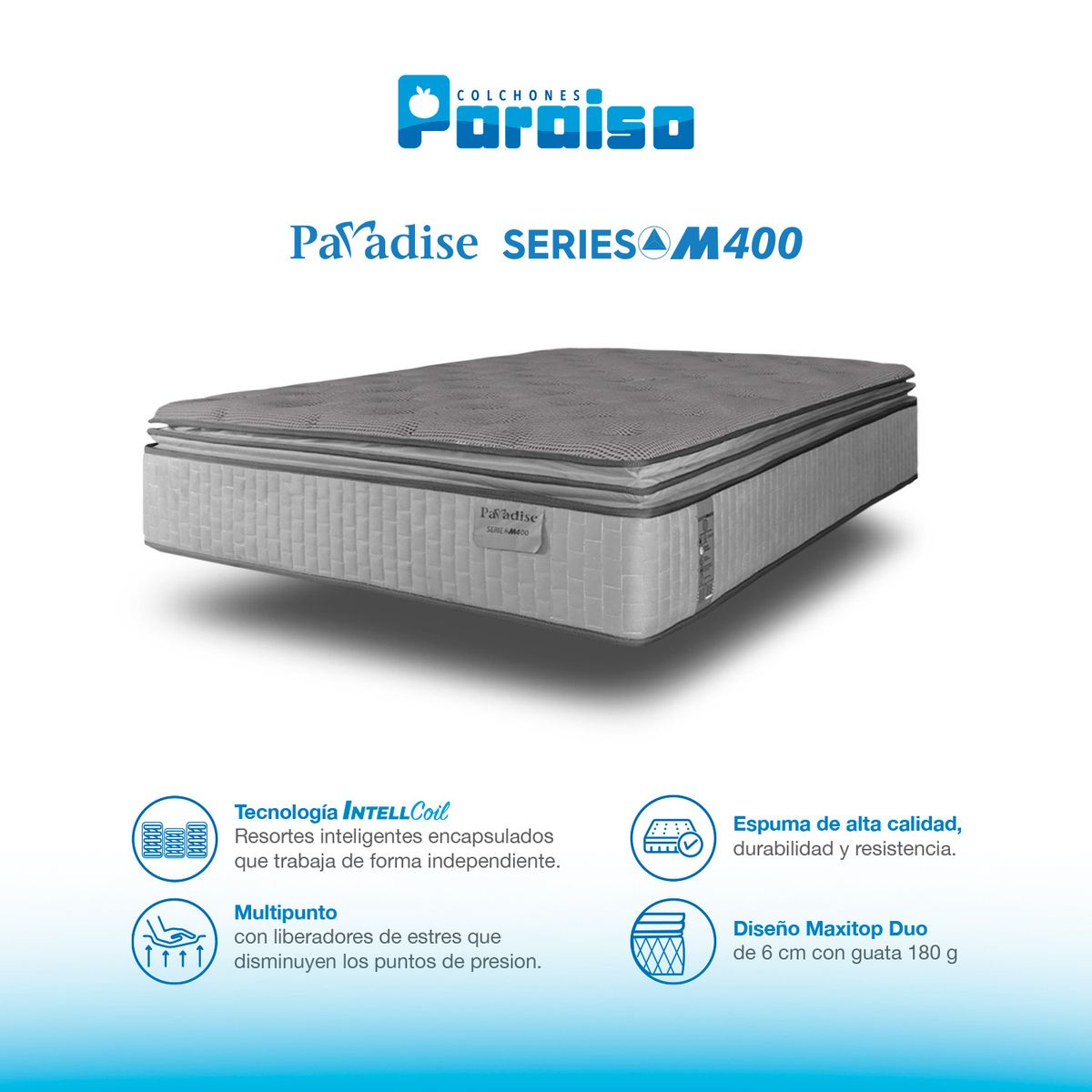COLCHONES PARAISO - Colchón Sencillo Firmeza Suave Ortopédico Resortado Serie M 90 x 190 cm Paraiso